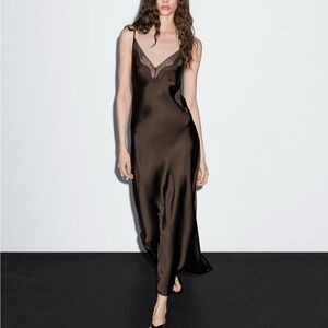Massimo Dutti Dark Brown Satin Slip Dress NWOT